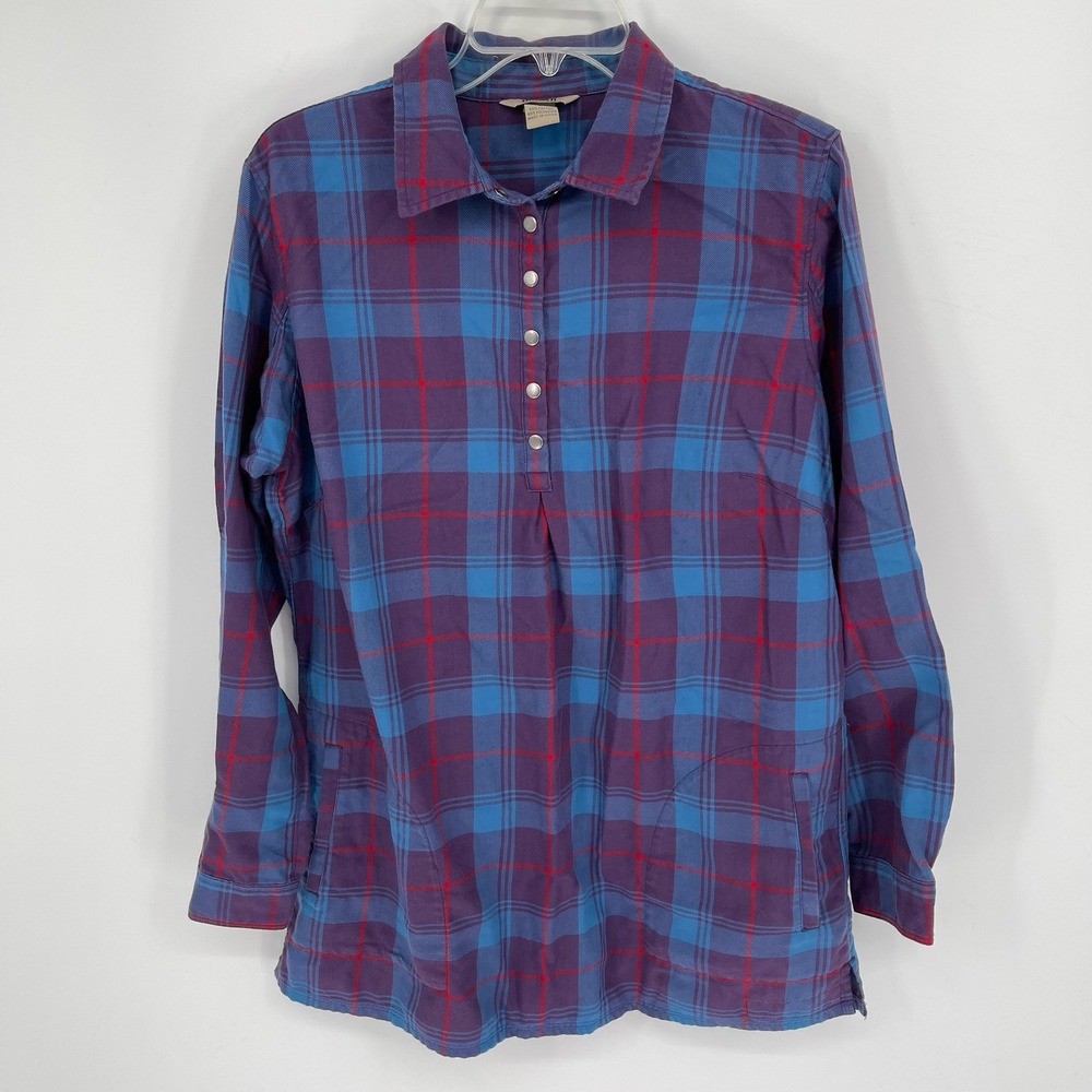 Duluth Trading Co Women's Purple Plaid Snap Henley Tunic Shirt Size Large